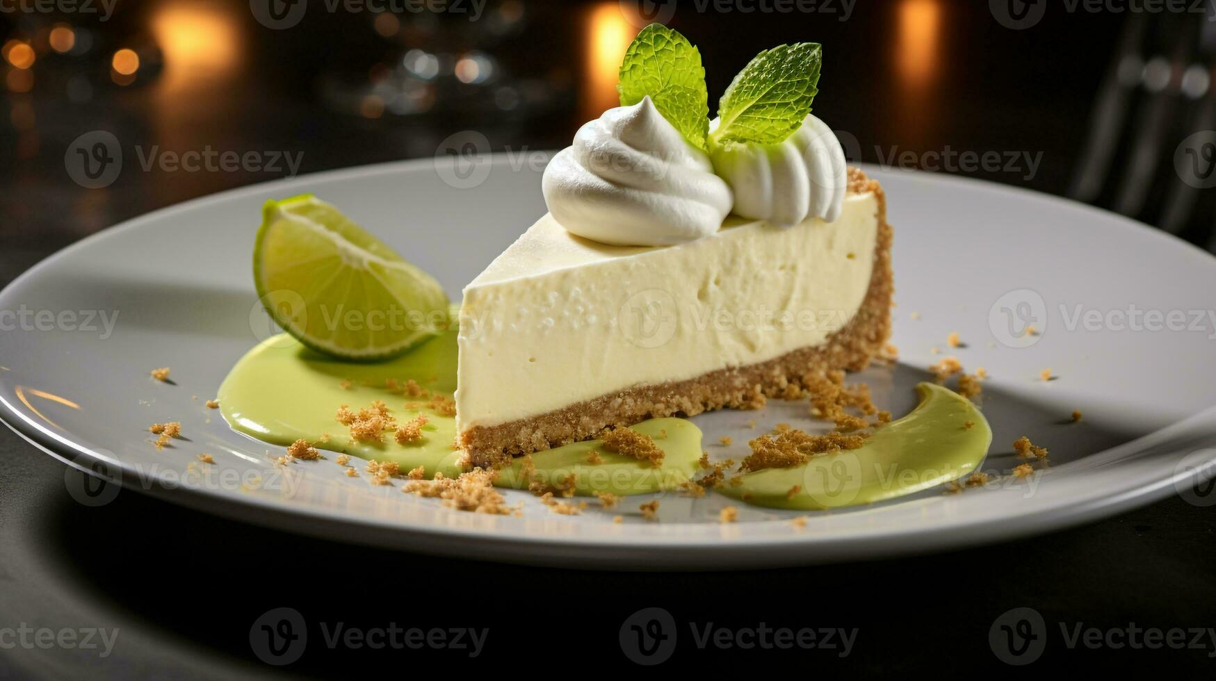 Photo of Key Lime Pie as a dish in a high-end restaurant. Generative AI
