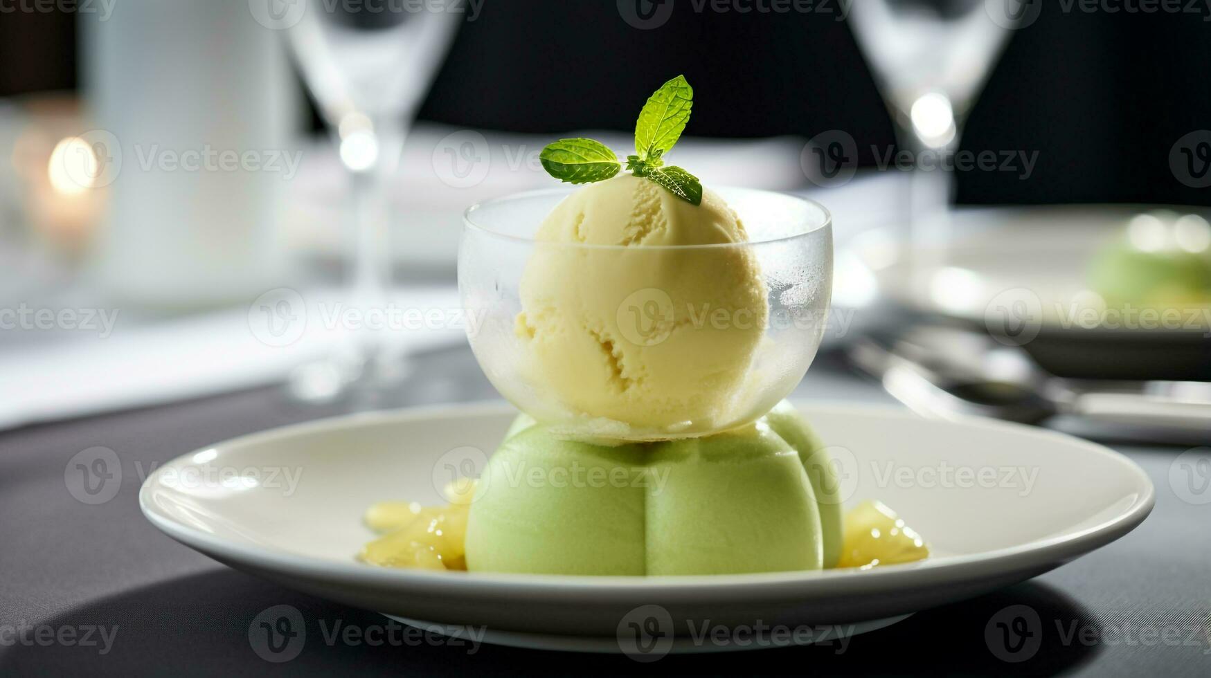 foto de gotas de miel sorbete como un plato en un gama alta restaurante. generativo ai