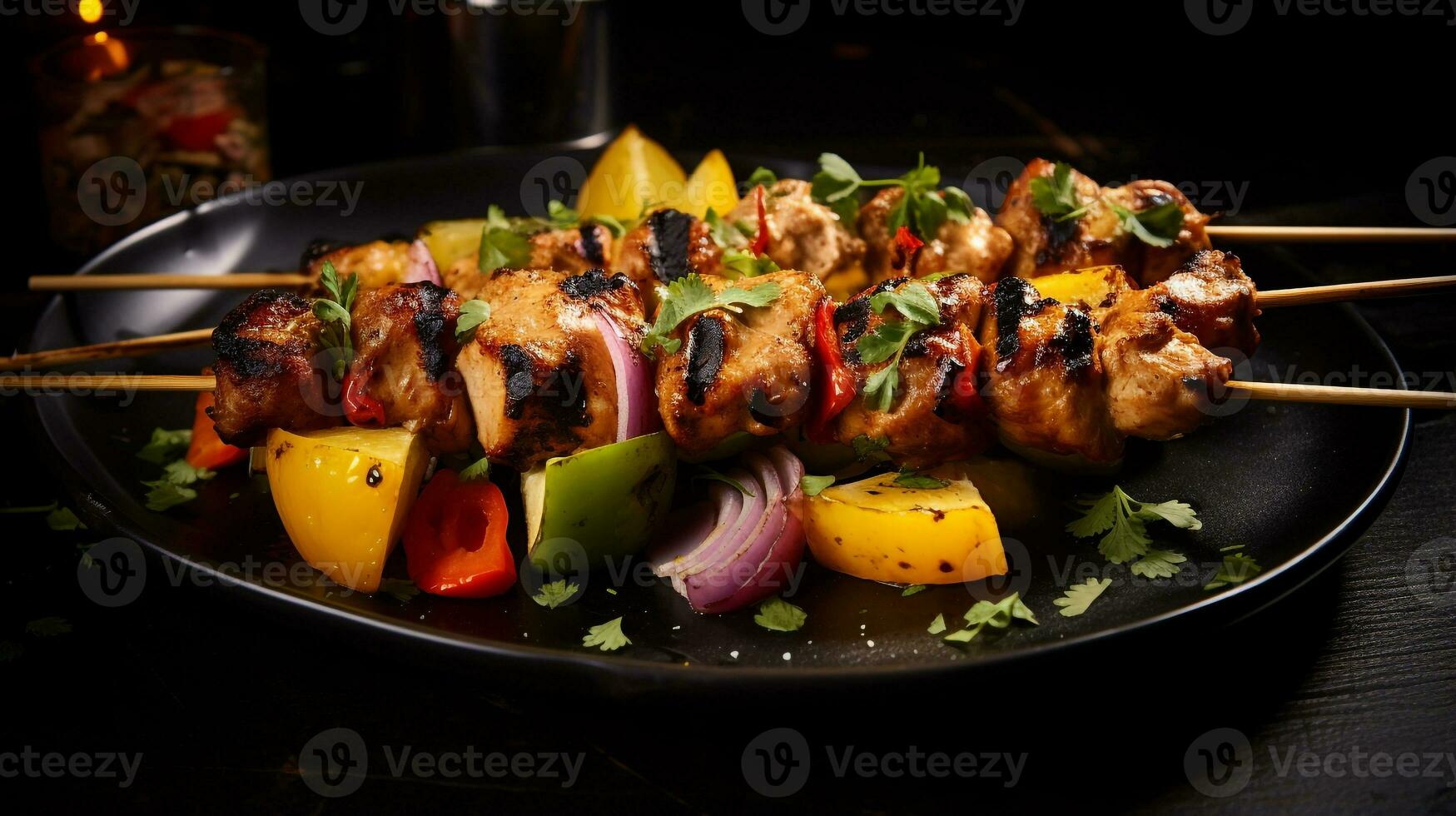 Photo of Jerk Chicken Skewers as a dish in a high-end restaurant. Generative AI