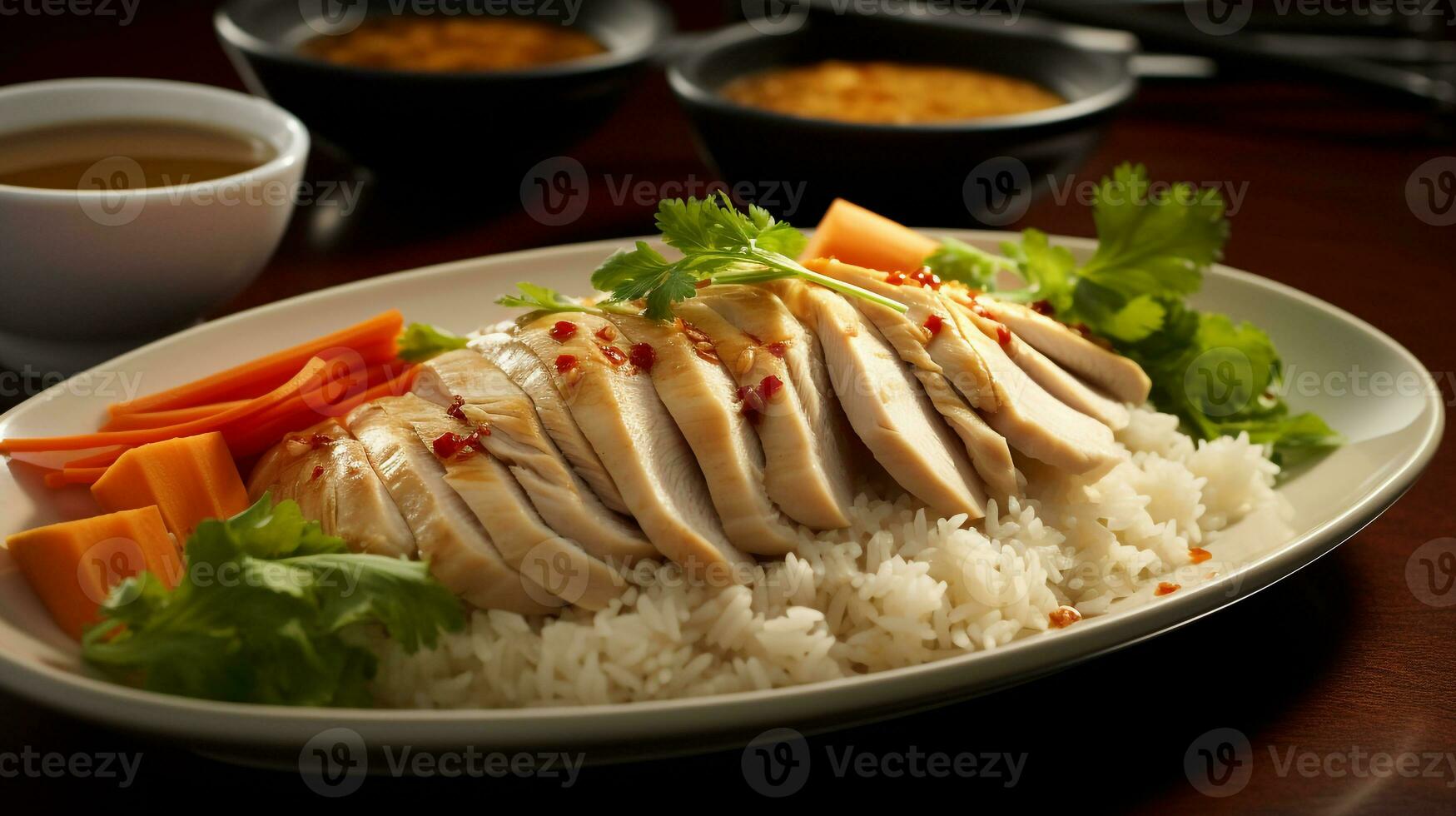 Photo of Hainanese Chicken Rice as a dish in a high-end restaurant. Generative AI