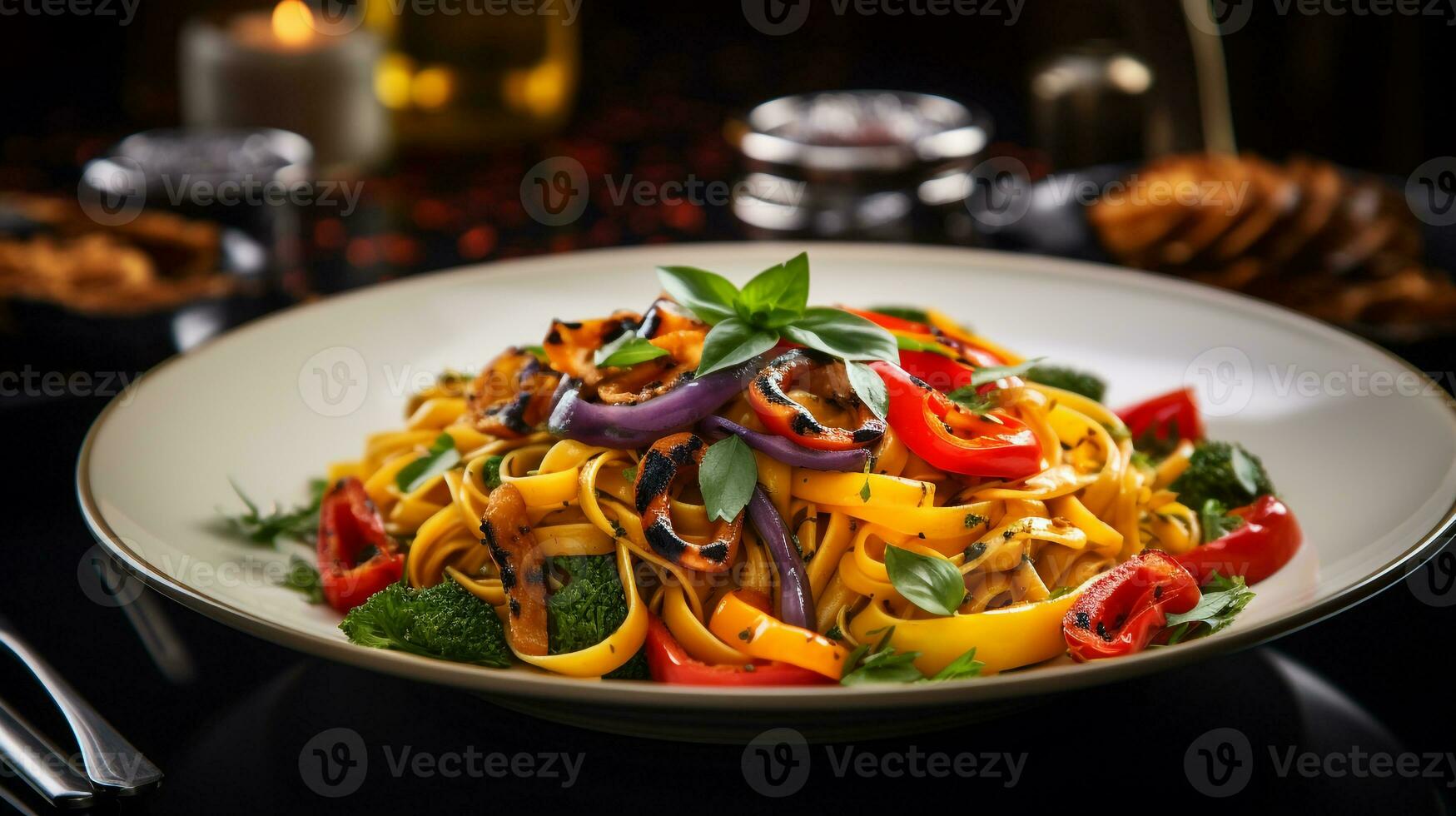 Photo of Grilled Vegetable Pasta as a dish in a high-end restaurant. Generative AI