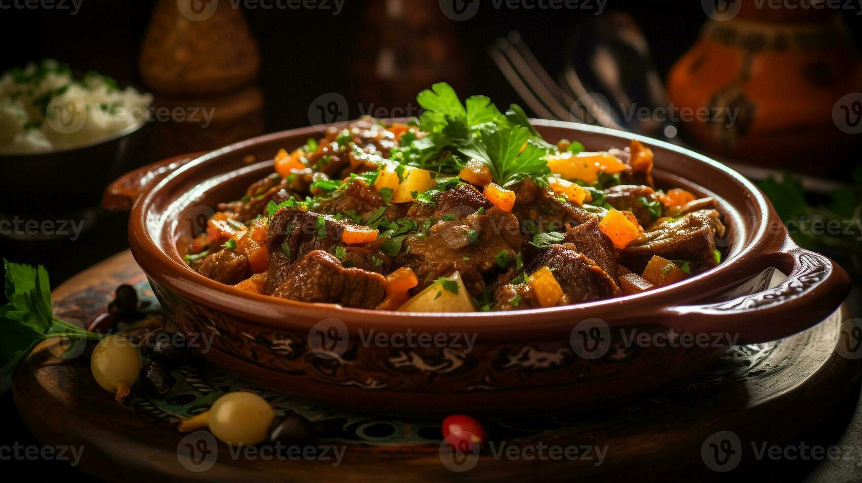 Photo of Lamb Tagine as a dish in a high-end restaurant. Generative AI