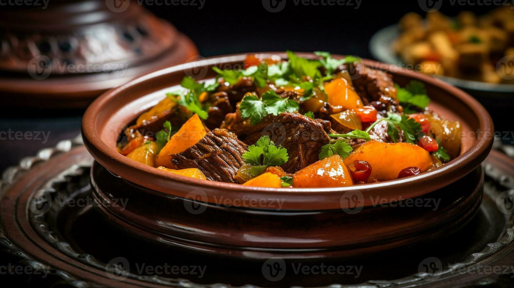 Photo of Lamb Tagine as a dish in a high-end restaurant. Generative AI