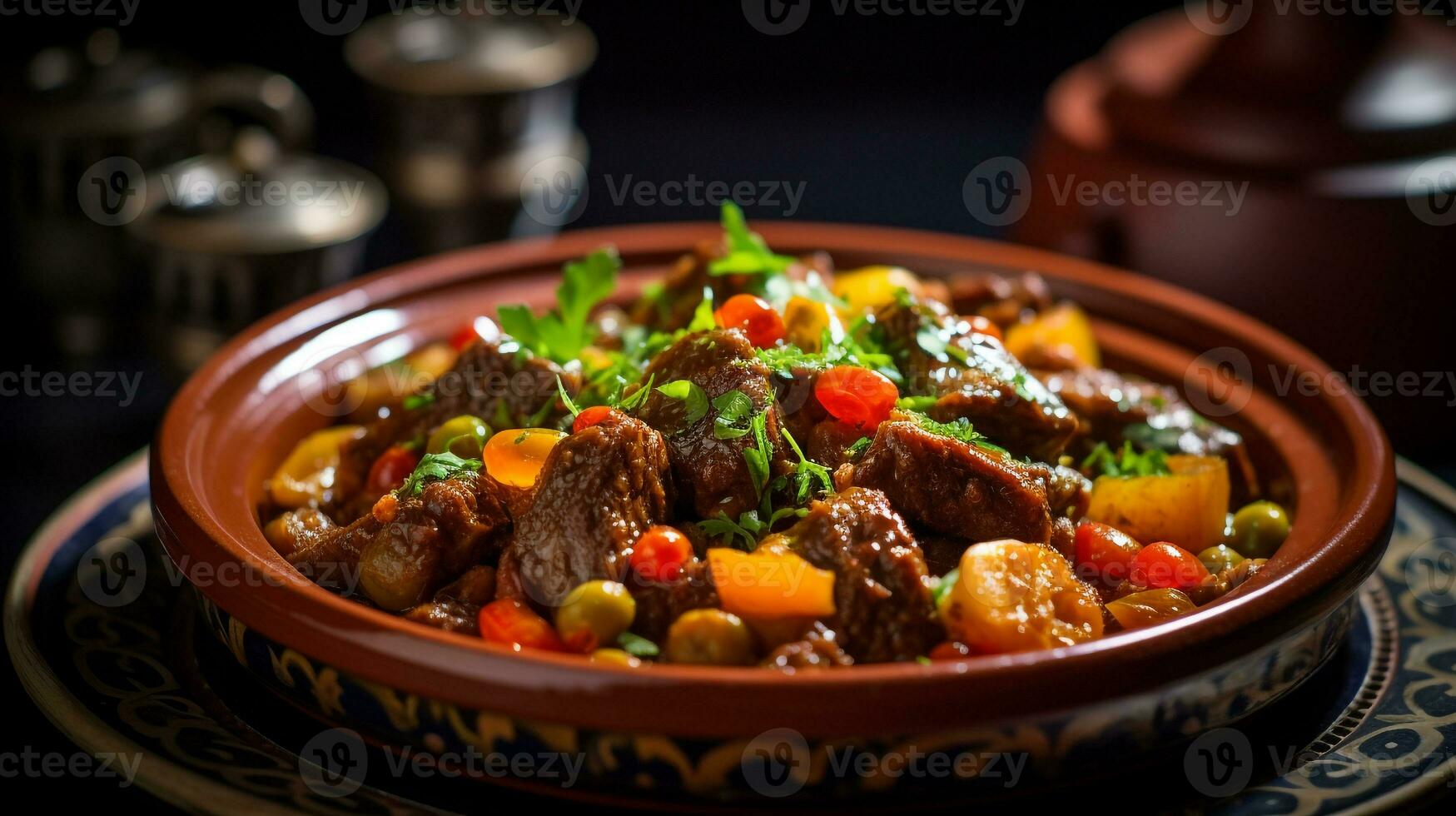 Photo of Lamb Tagine as a dish in a high-end restaurant. Generative AI