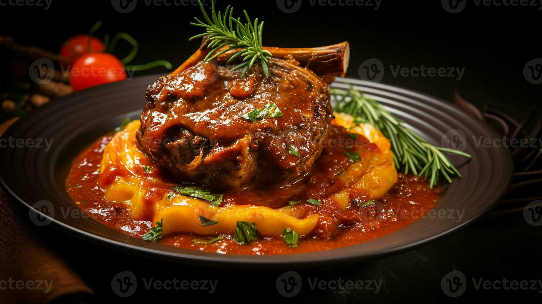 Photo of Lamb Shank Osso Buco as a dish in a high-end restaurant. Generative AI