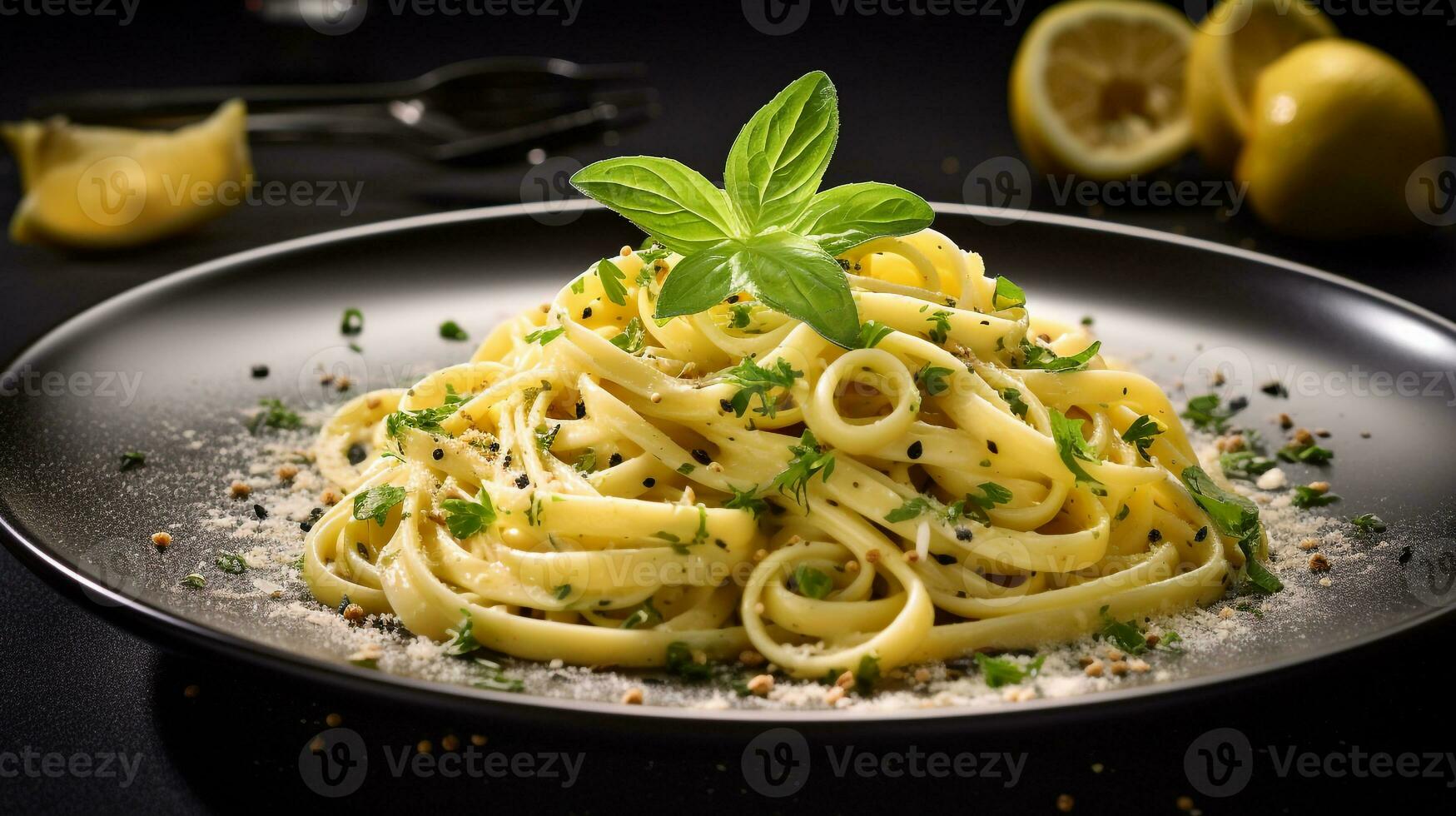 Photo of Lemon Garlic Butter Pasta as a dish in a high-end restaurant. Generative AI