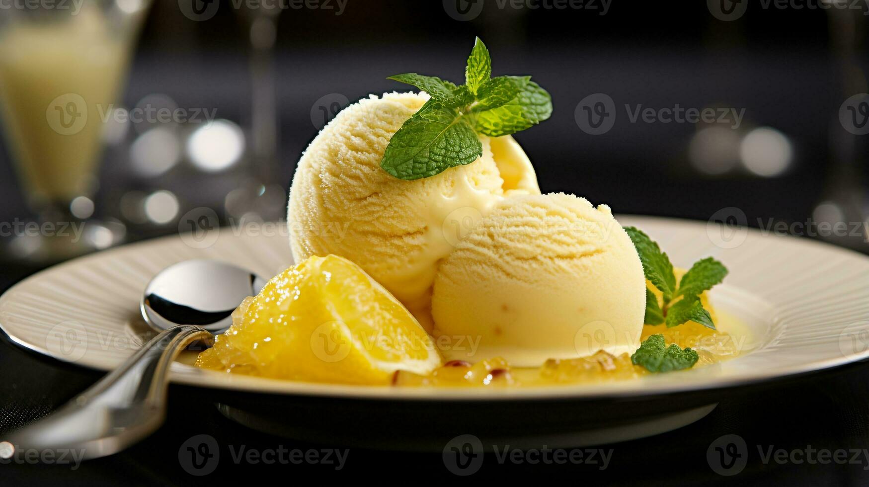 Photo of Lemon Sorbet as a dish in a high-end restaurant. Generative AI