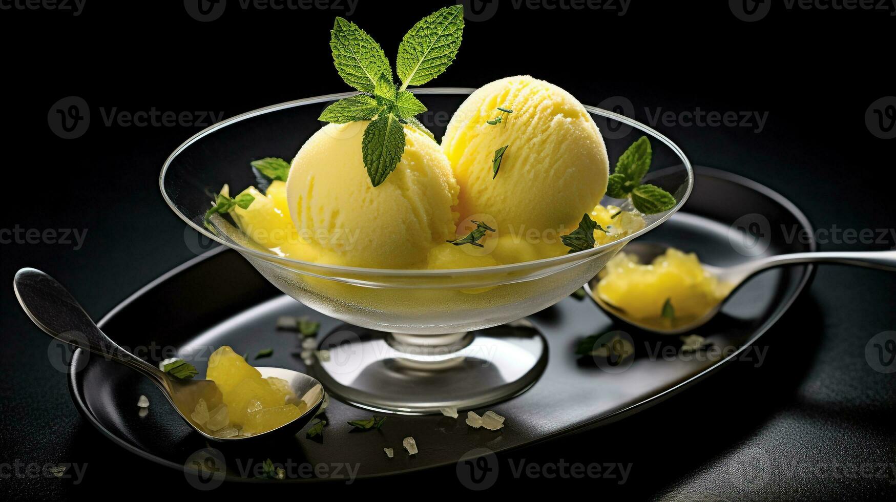 Photo of Lemonade Sorbet as a dish in a high-end restaurant. Generative AI