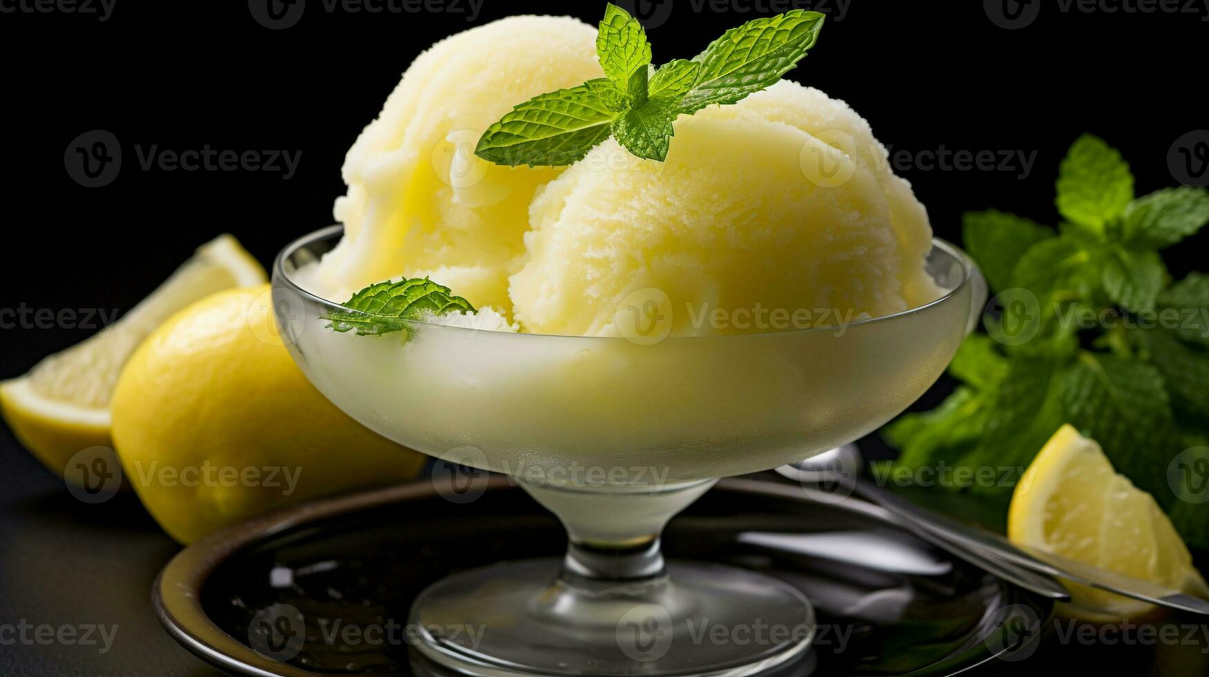 Photo of Lemonade Sorbet as a dish in a high-end restaurant. Generative AI