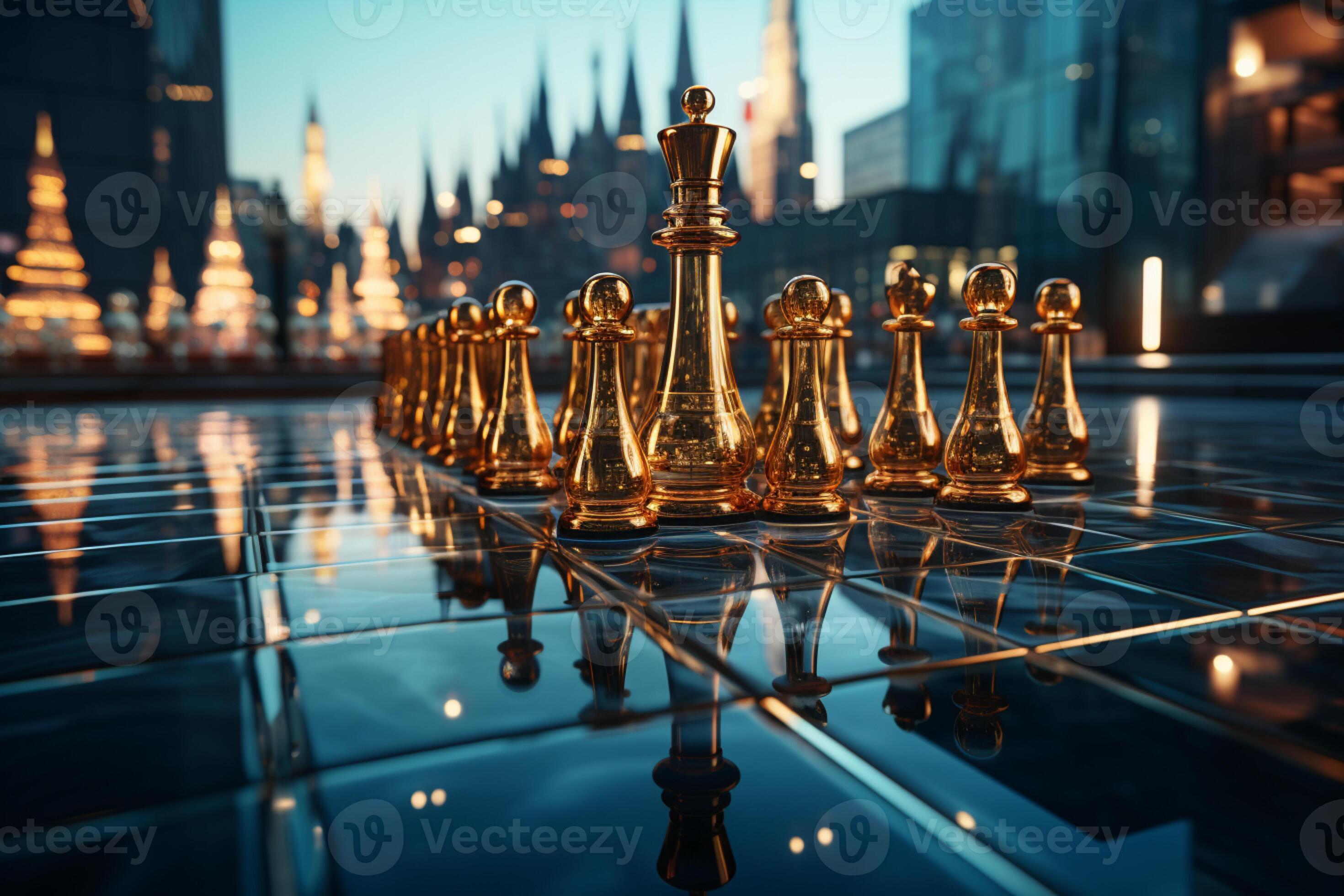 Skyscrapers surround chess pieces, born from Generative AIs