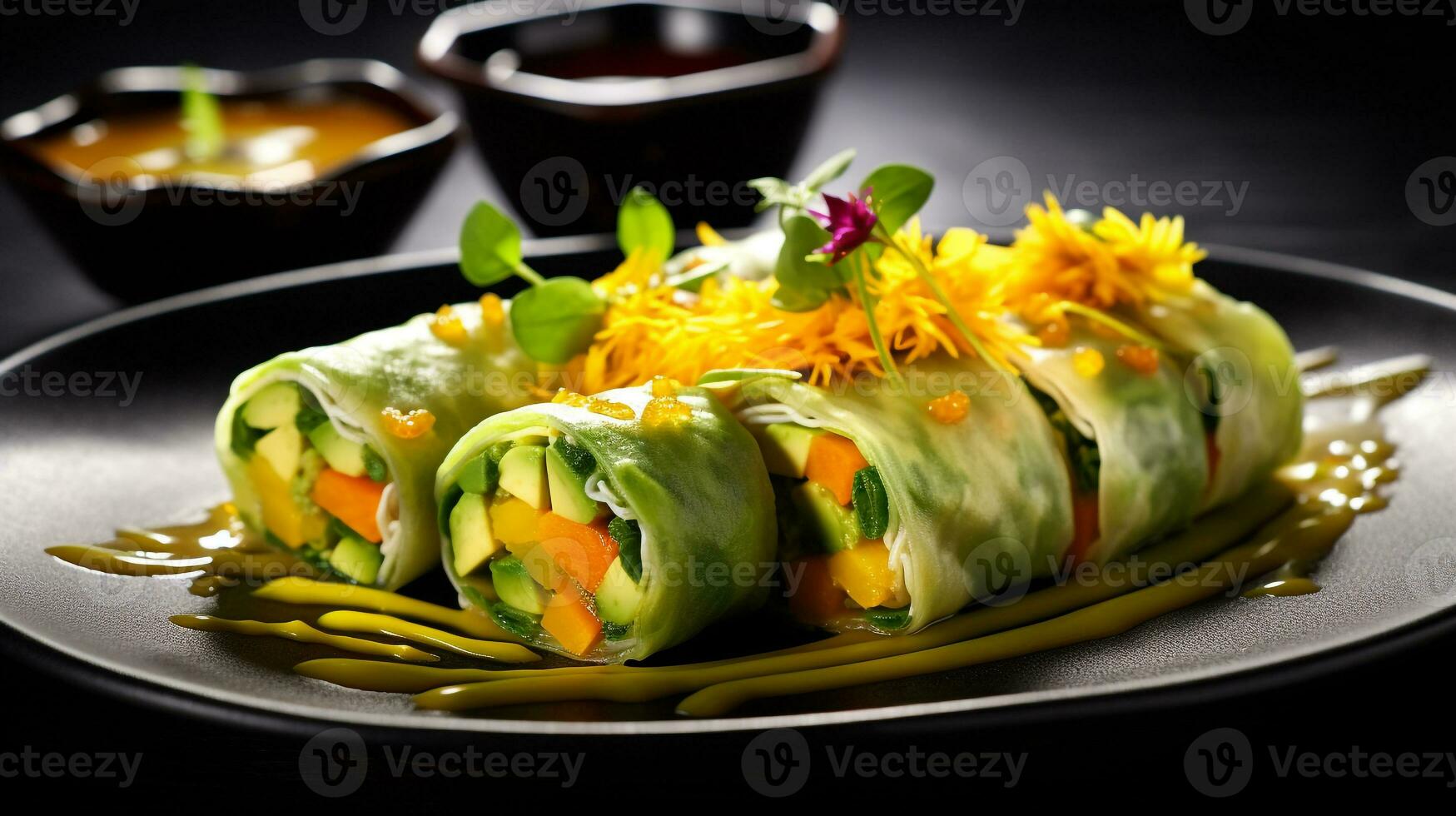 Photo of Mango Avocado Spring Rolls as a dish in a high-end restaurant. Generative AI