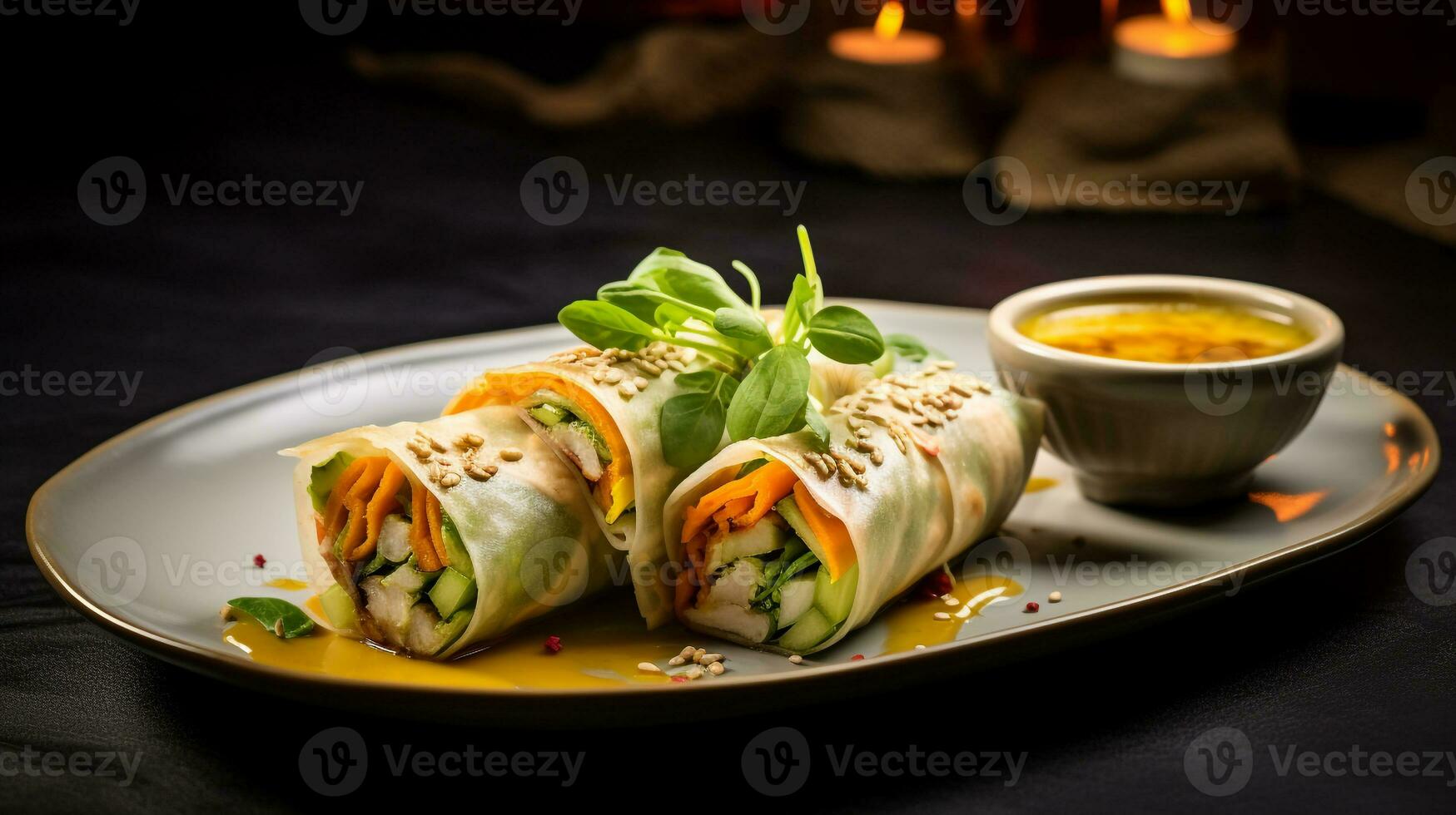 Photo of Mango Avocado Spring Rolls as a dish in a high-end restaurant. Generative AI