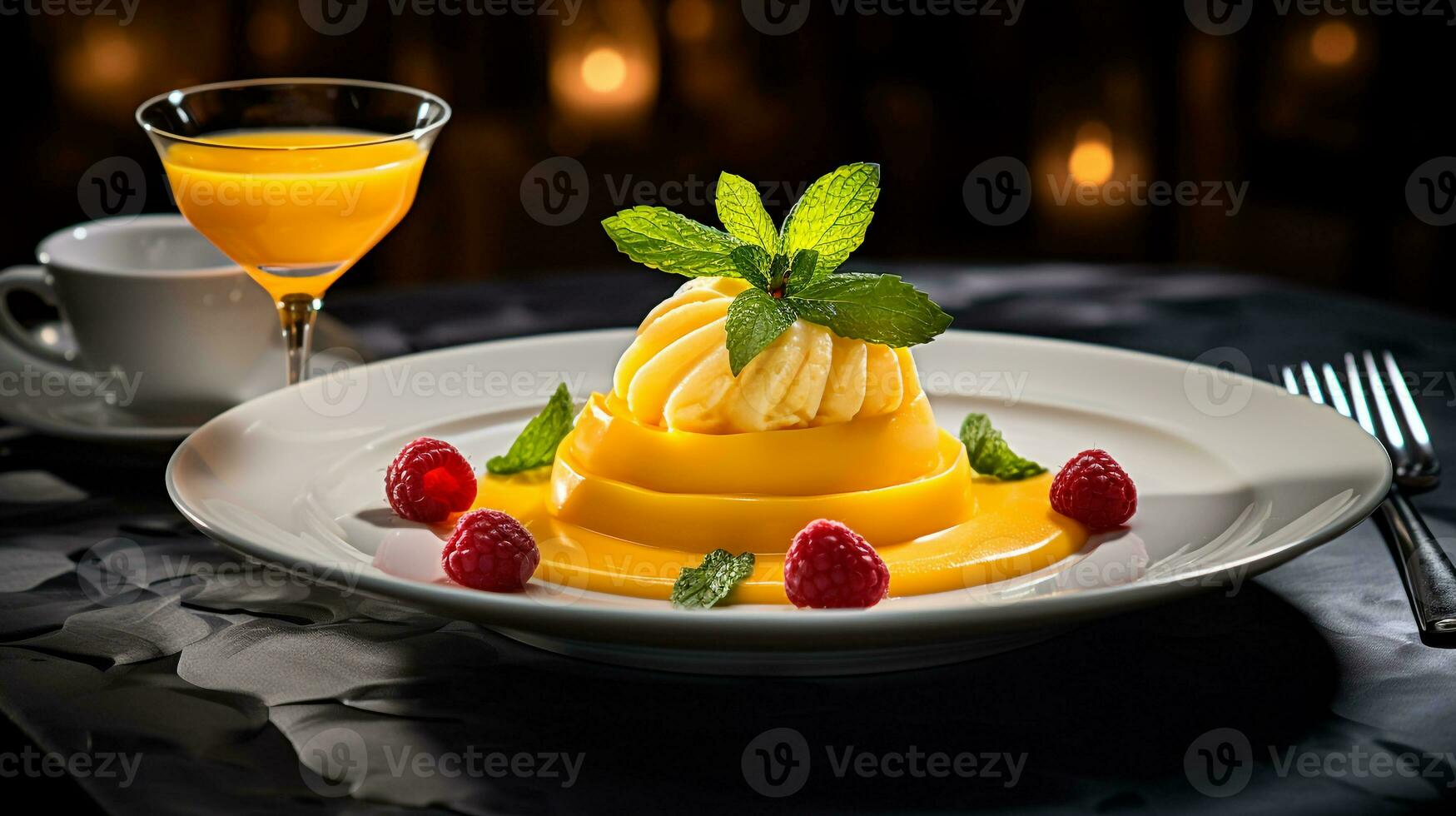 foto de mango sorbete como un plato en un gama alta restaurante. generativo ai