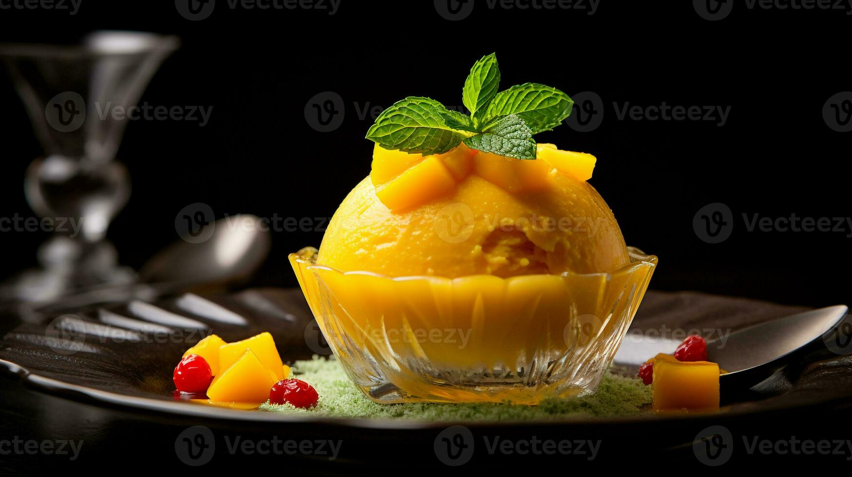 Photo of Mango Sorbet as a dish in a high-end restaurant. Generative AI