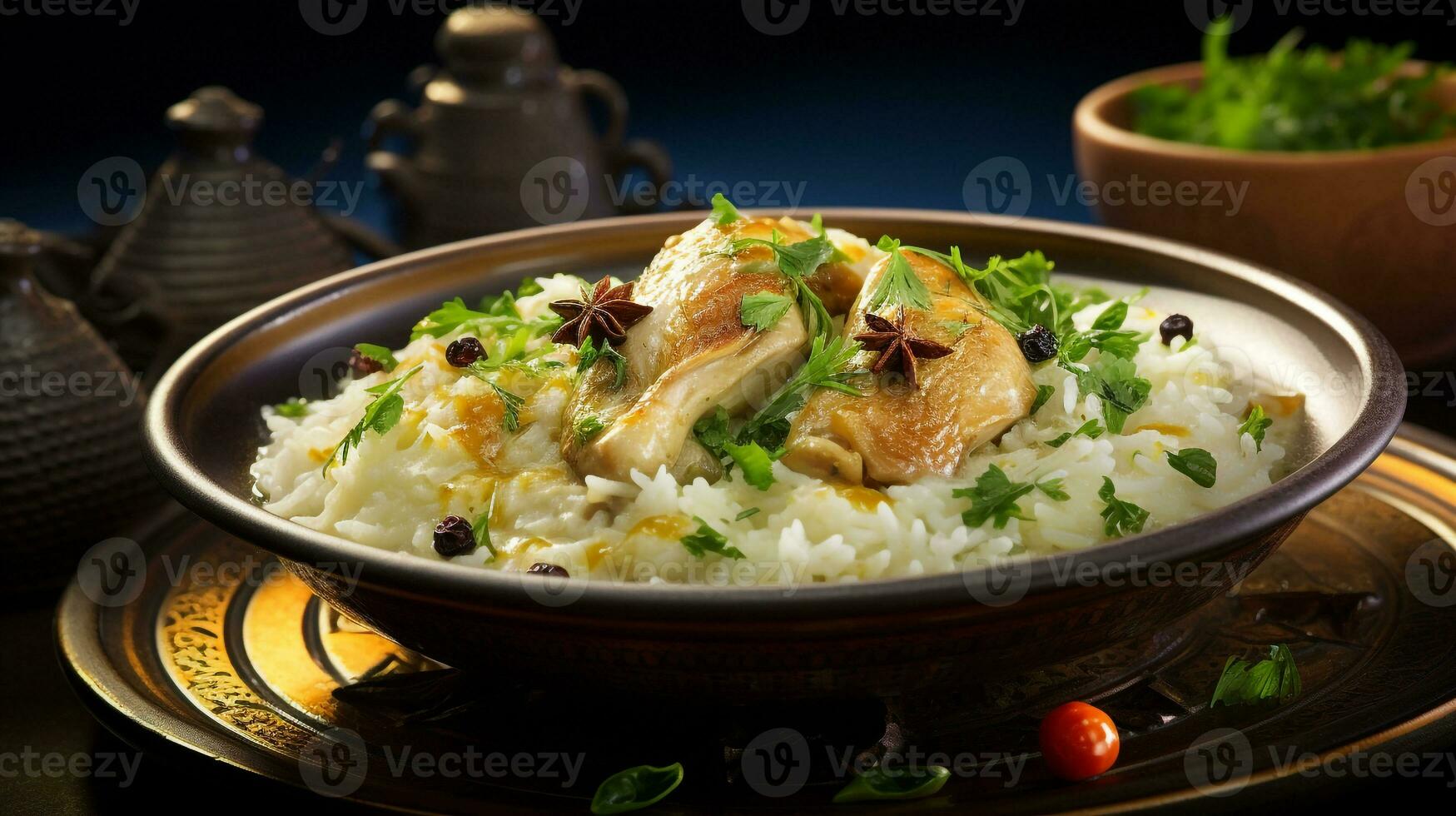 Photo of Mansaf as a dish in a high-end restaurant. Generative AI