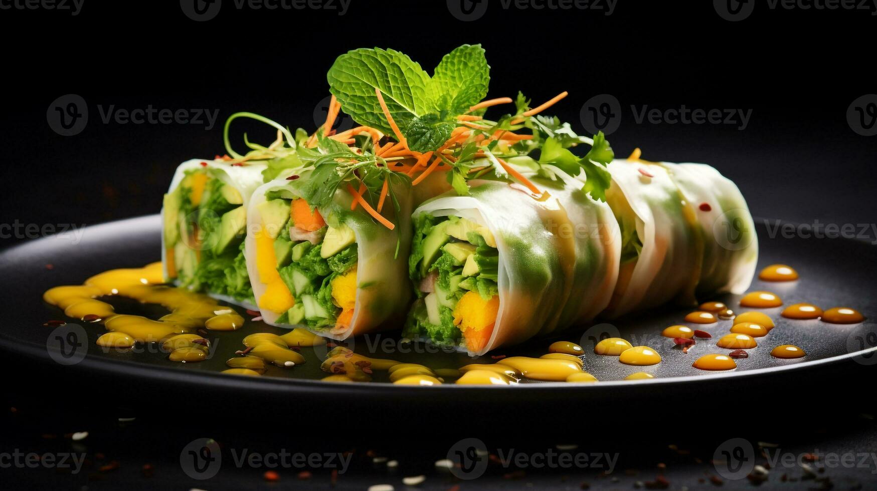 Photo of Mango Avocado Spring Rolls as a dish in a high-end restaurant. Generative AI