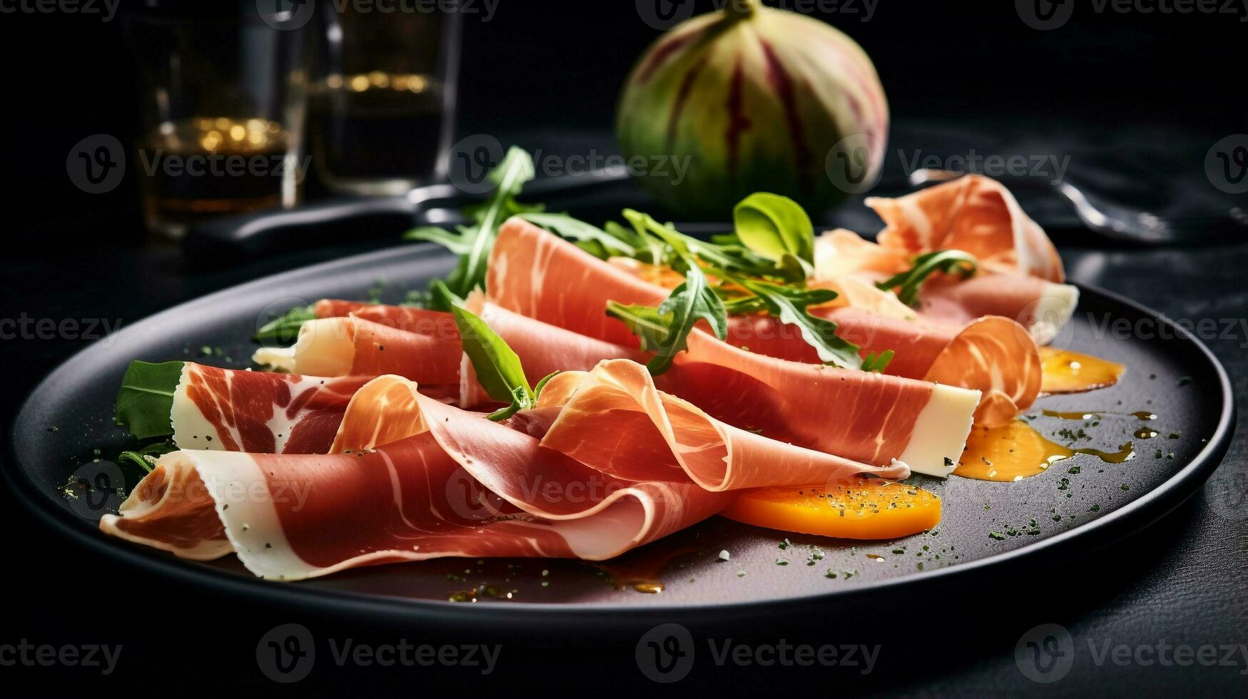 foto de melón y jamón como un plato en un gama alta restaurante. generativo ai