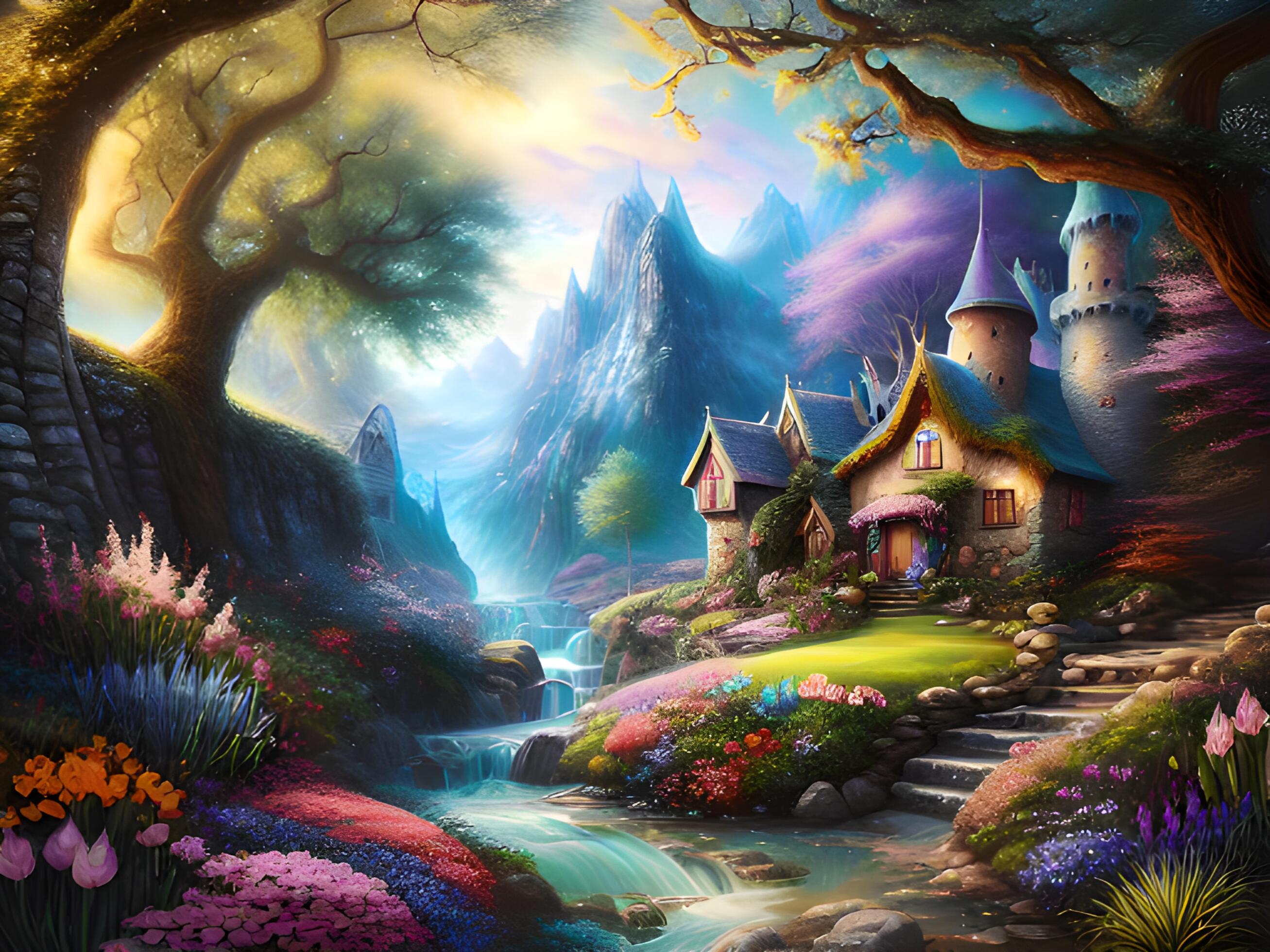 fairy tale fantasy landscape with a magic fairytale castle ...
