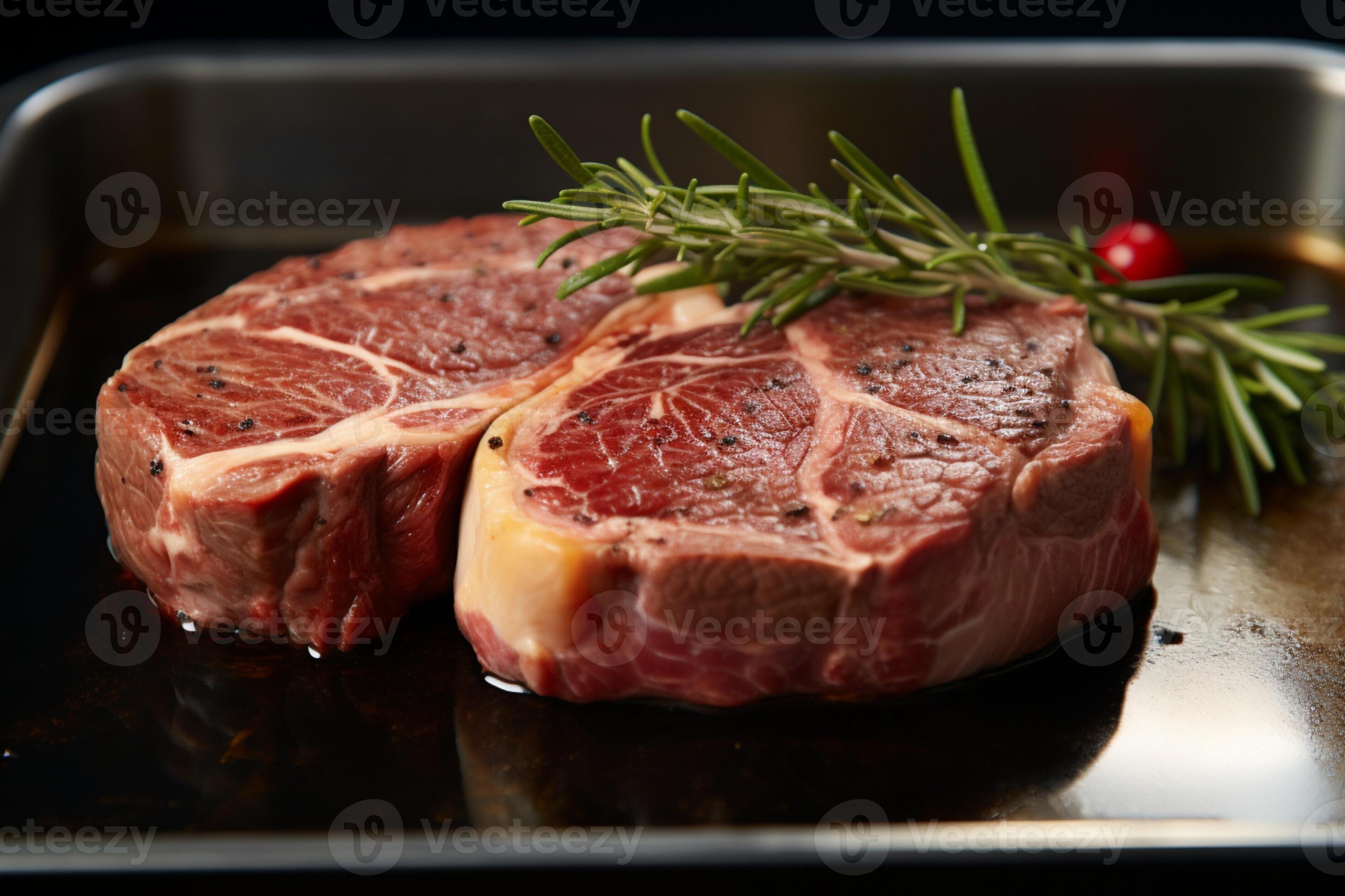 Prepared Angus leg steak with rosemary on steel pan, closeup for Prepared Angus leg steak with rosemary on steel pan, closeup for