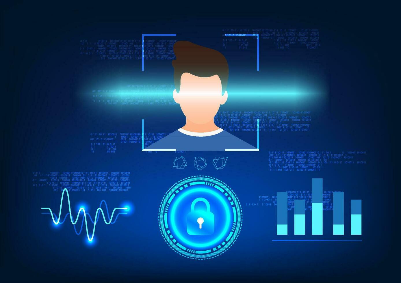 Facial scanning technology to access important information that requires identification in order to use It's an image of a person scanning their face with a code lock surrounding it. vector