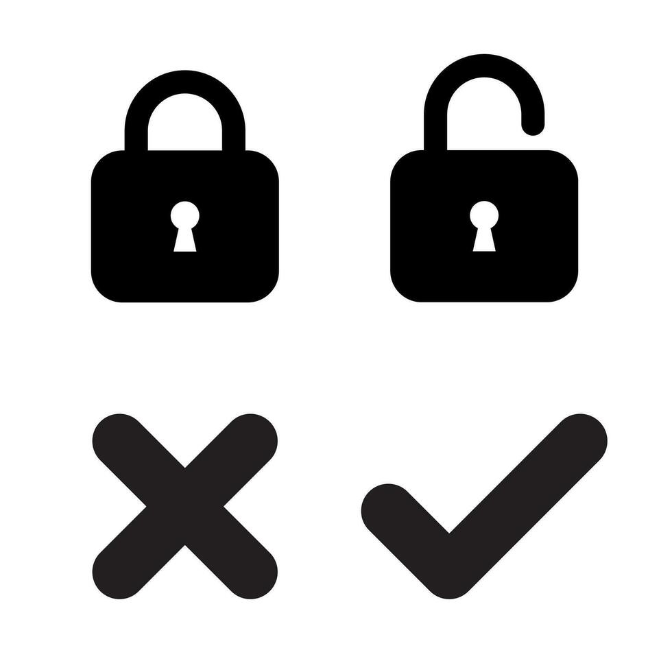 Lock, unlock, cross, and check icon vector in flat style