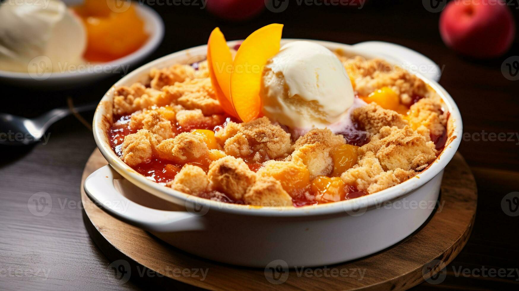 Photo of Peach Cobbler as a dish in a high-end restaurant. Generative AI