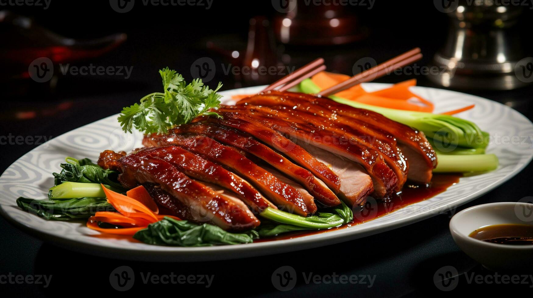 Photo of Peking Duck as a dish in a high-end restaurant. Generative AI