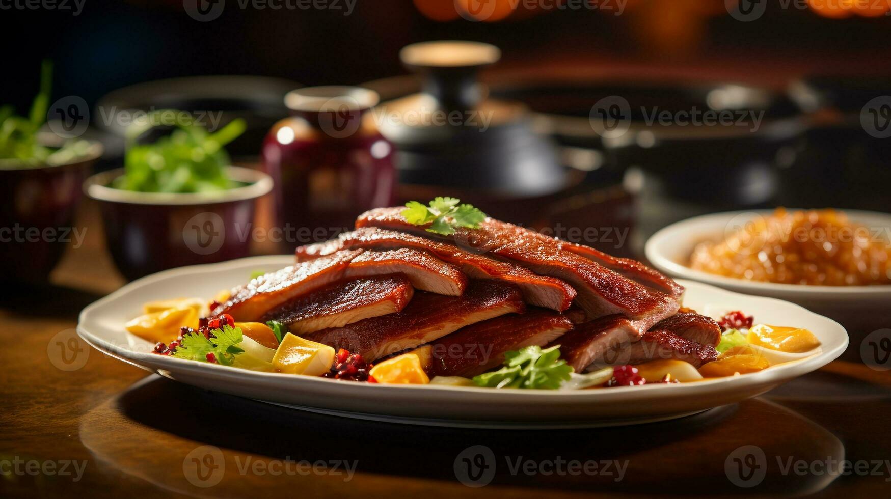Photo of Peking Duck as a dish in a high-end restaurant. Generative AI