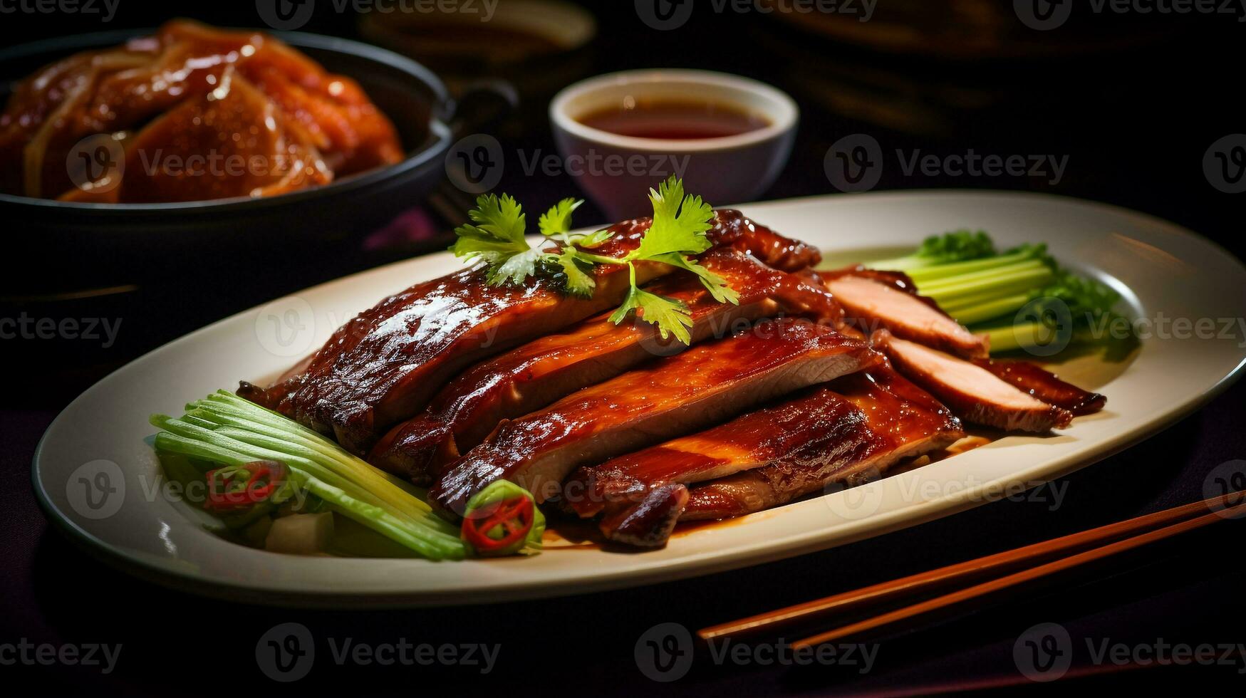 Photo of Peking Duck as a dish in a high-end restaurant. Generative AI