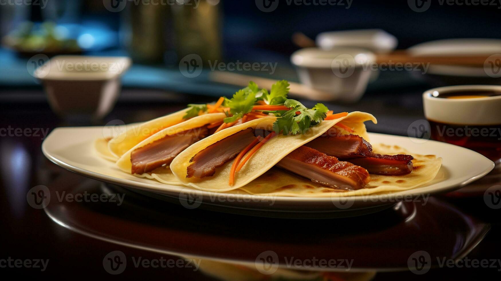 Photo of Peking Duck as a dish in a high-end restaurant. Generative AI