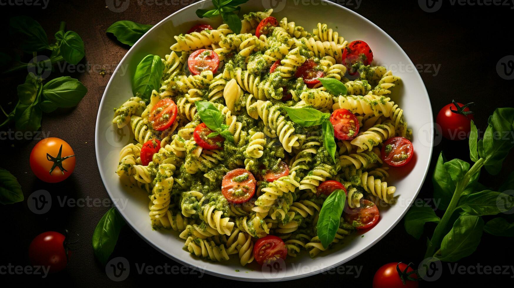 Photo of Pesto Pasta Salad as a dish in a high-end restaurant. Generative AI