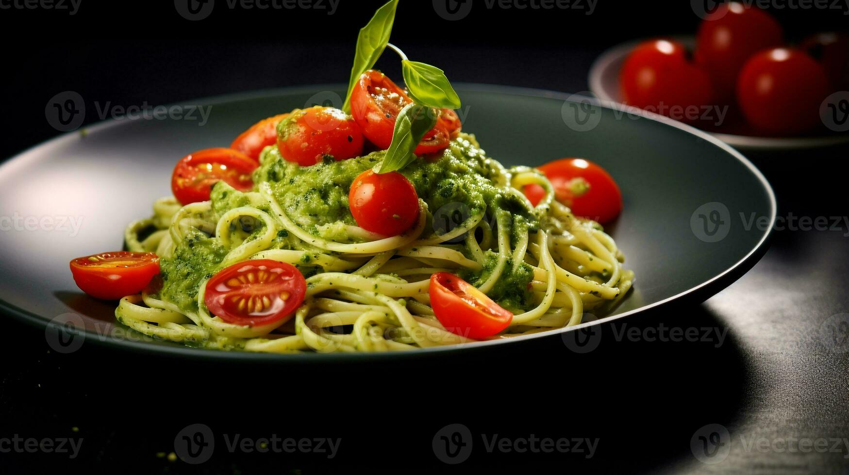 Photo of Pesto Pasta with Cherry Tomatoes as a dish in a high-end restaurant. Generative AI