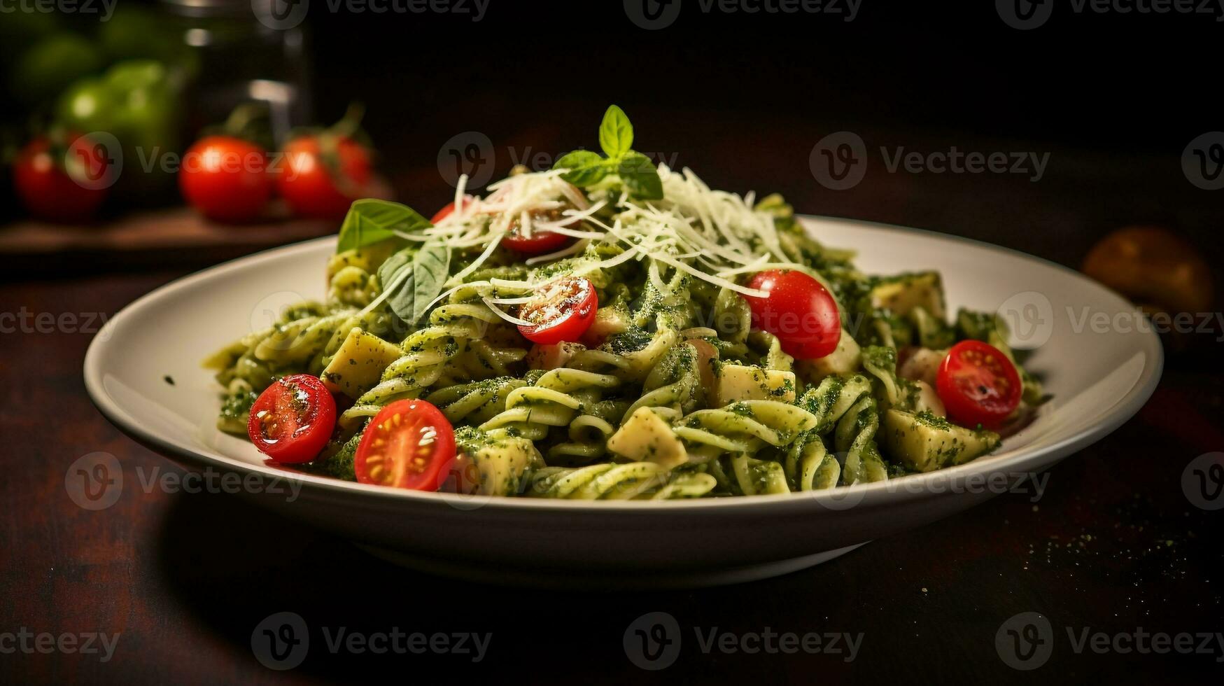 Photo of Pesto Pasta Salad as a dish in a high-end restaurant. Generative AI