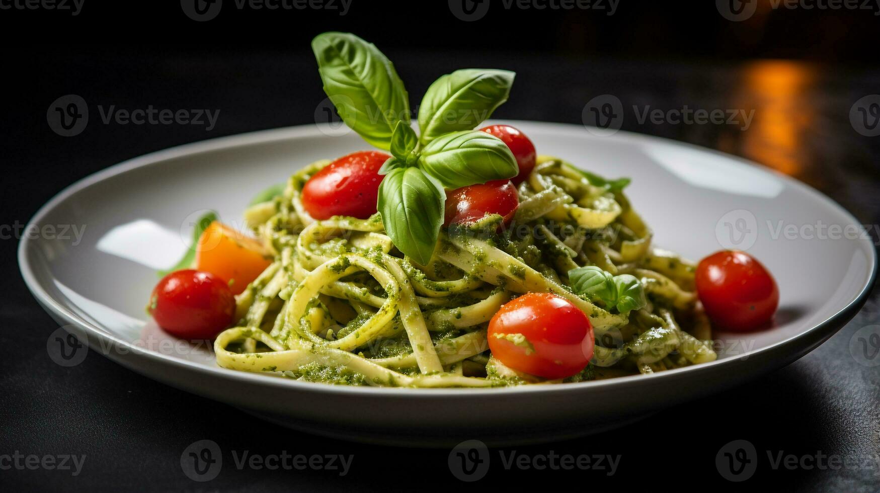 Photo of Pesto Pasta with Cherry Tomatoes as a dish in a high-end restaurant. Generative AI