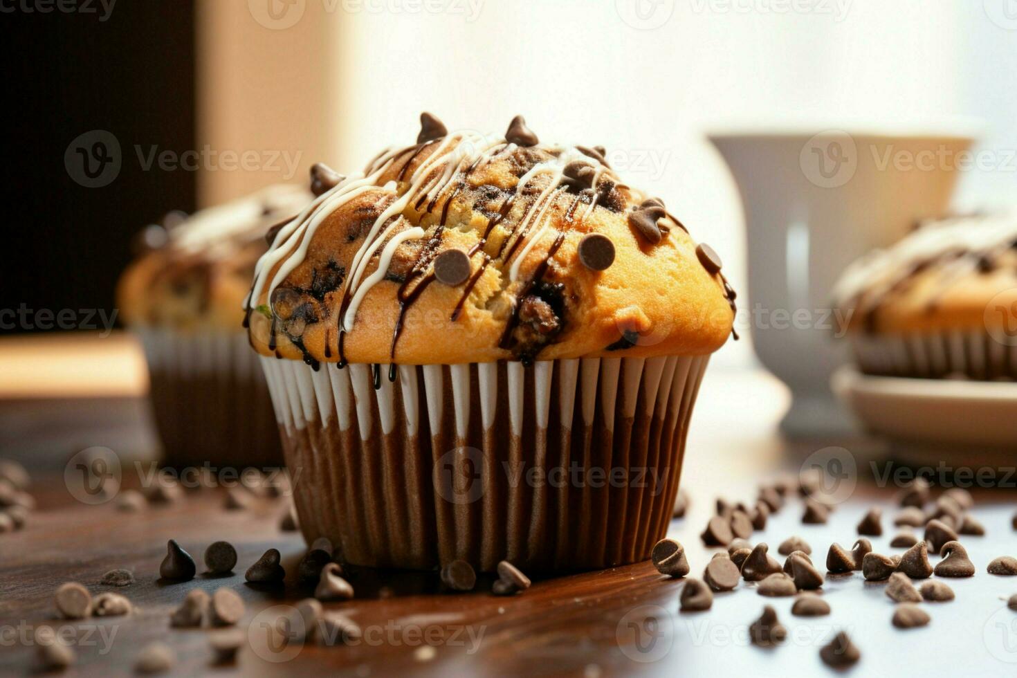 A delightful blend of chocolate and muffin the beloved chocolate chip muffin AI Generated photo