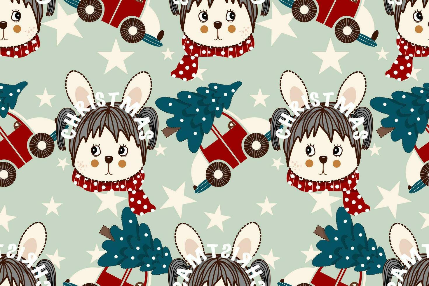 Christmas seamless pattern on green background.seamless pattern of rabbit,car,tree,star.merry Christmas concept.cartoon character hand drawn vector illustration.design for texture,fabric,clothing.