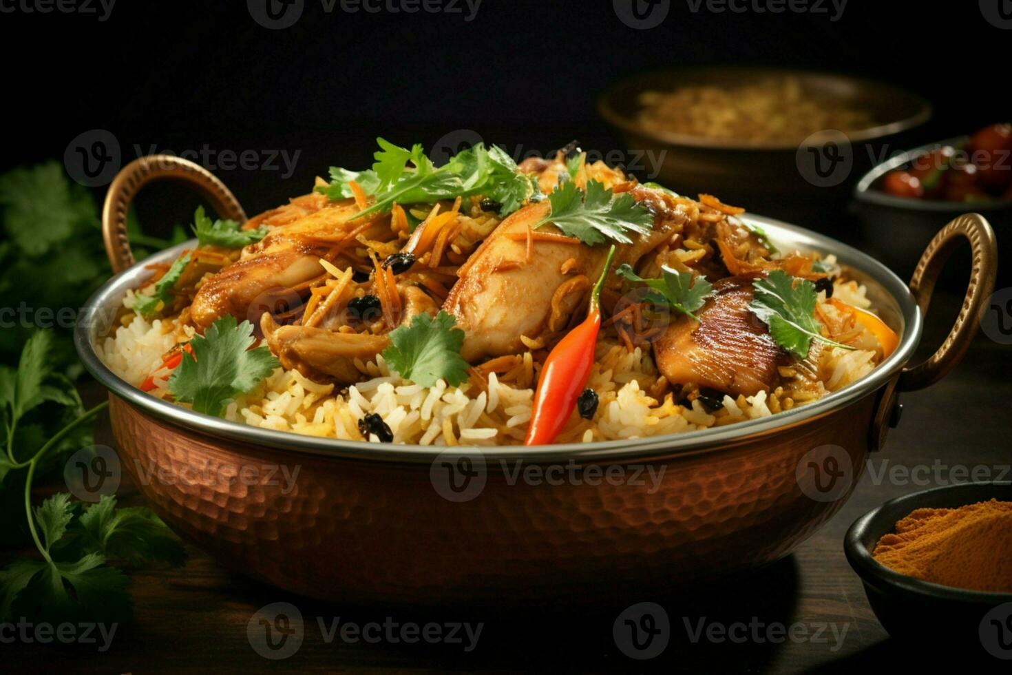 Wholesome blend Chicken, veggies, and rice harmonize in a satisfying bowl of goodness AI Generated photo