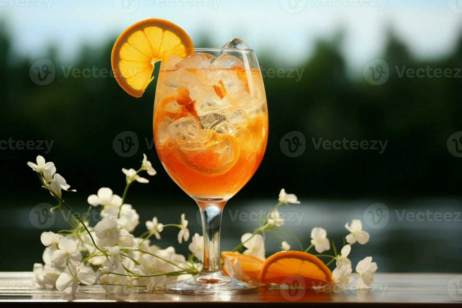agrios frío naranja hielo cóctel en un vaso, adornado con elegante flor decoración ai generado foto