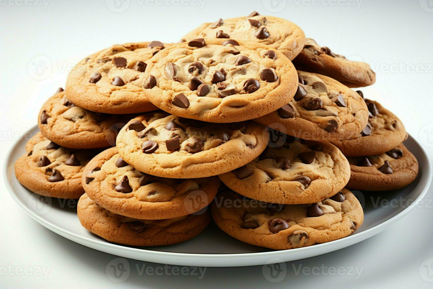 Irresistible chocolate chip cookies arranged on a clean, bright white background AI Generated photo