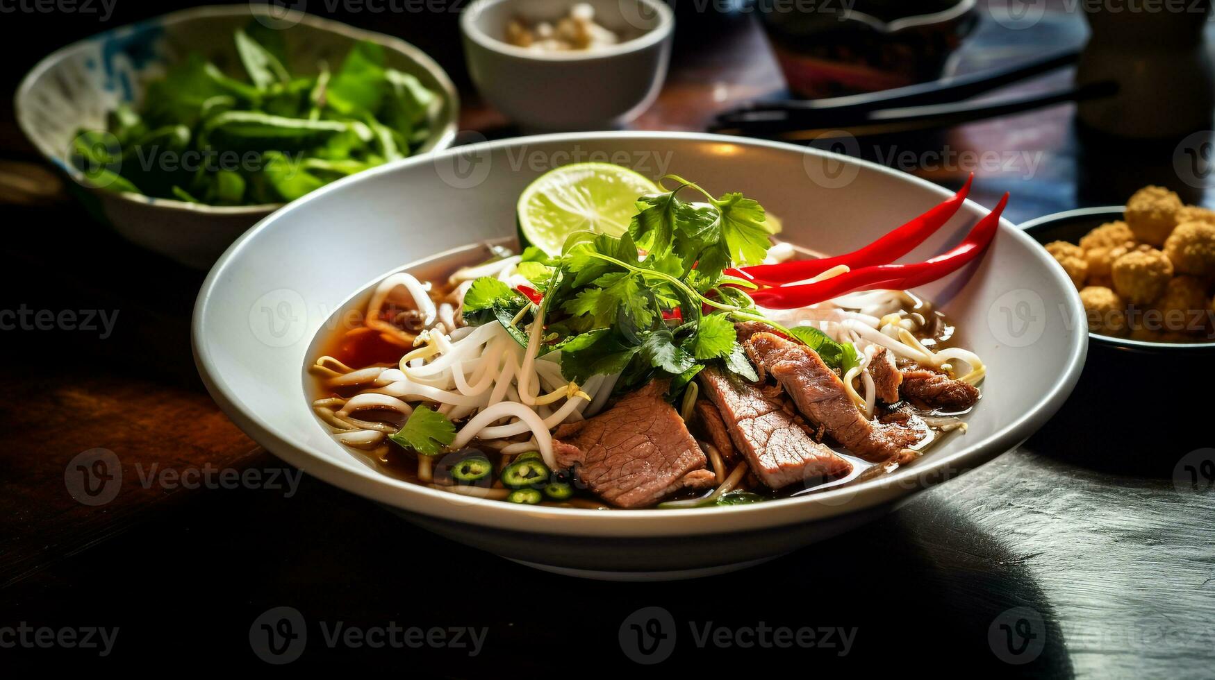 Photo of Pho as a dish in a high-end restaurant. Generative AI