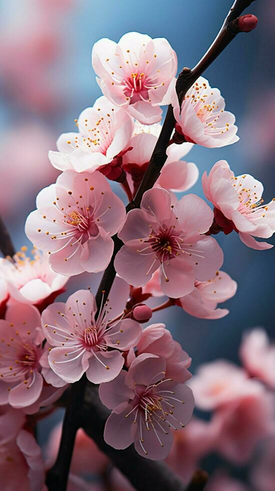 pastel rosado Cereza flores floración en un primavera brisa. vertical móvil fondo de pantalla ai generado foto