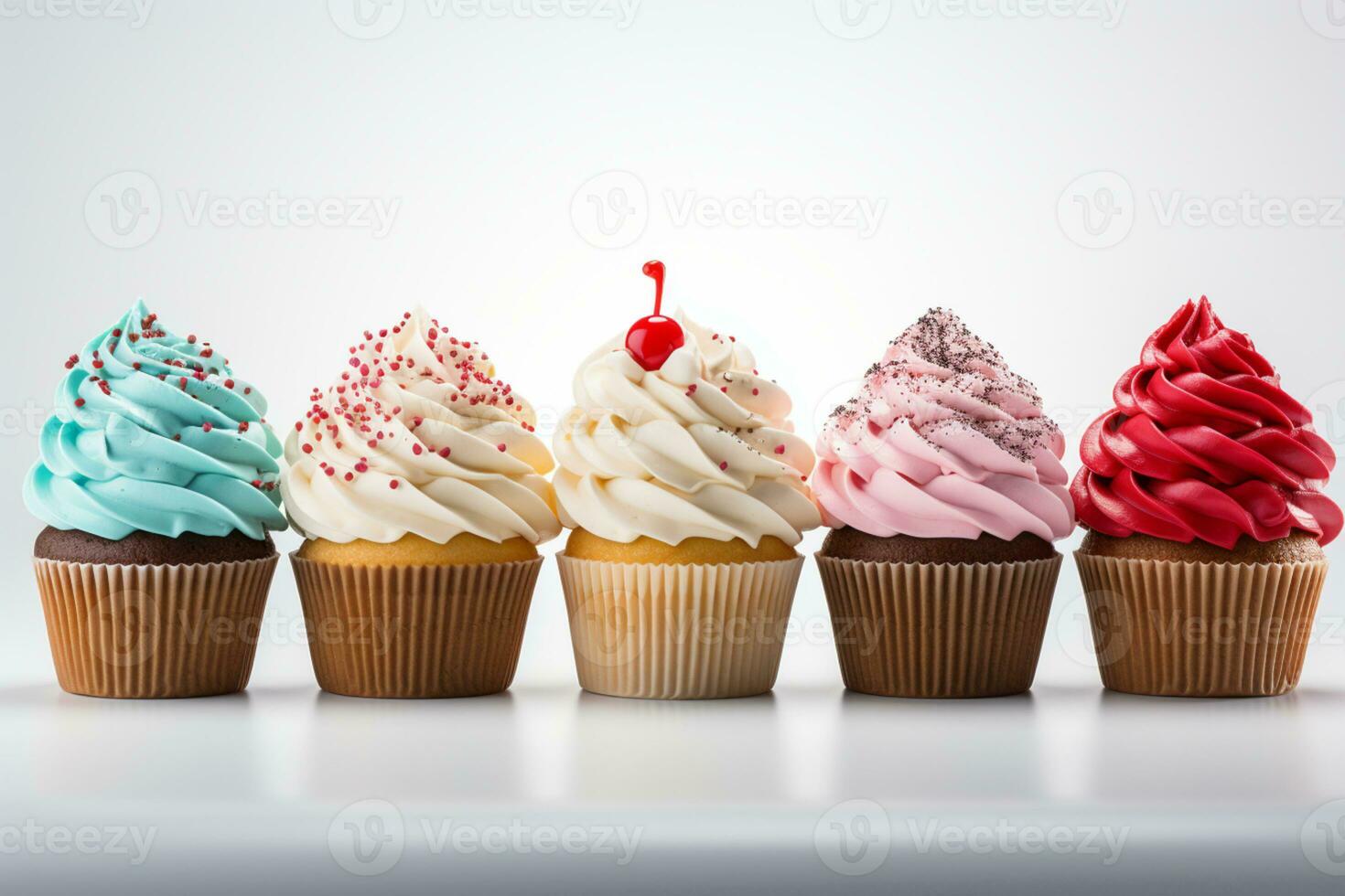 Cupcake spectrum array of colorful birthday delights isolated on a white surface AI Generated photo