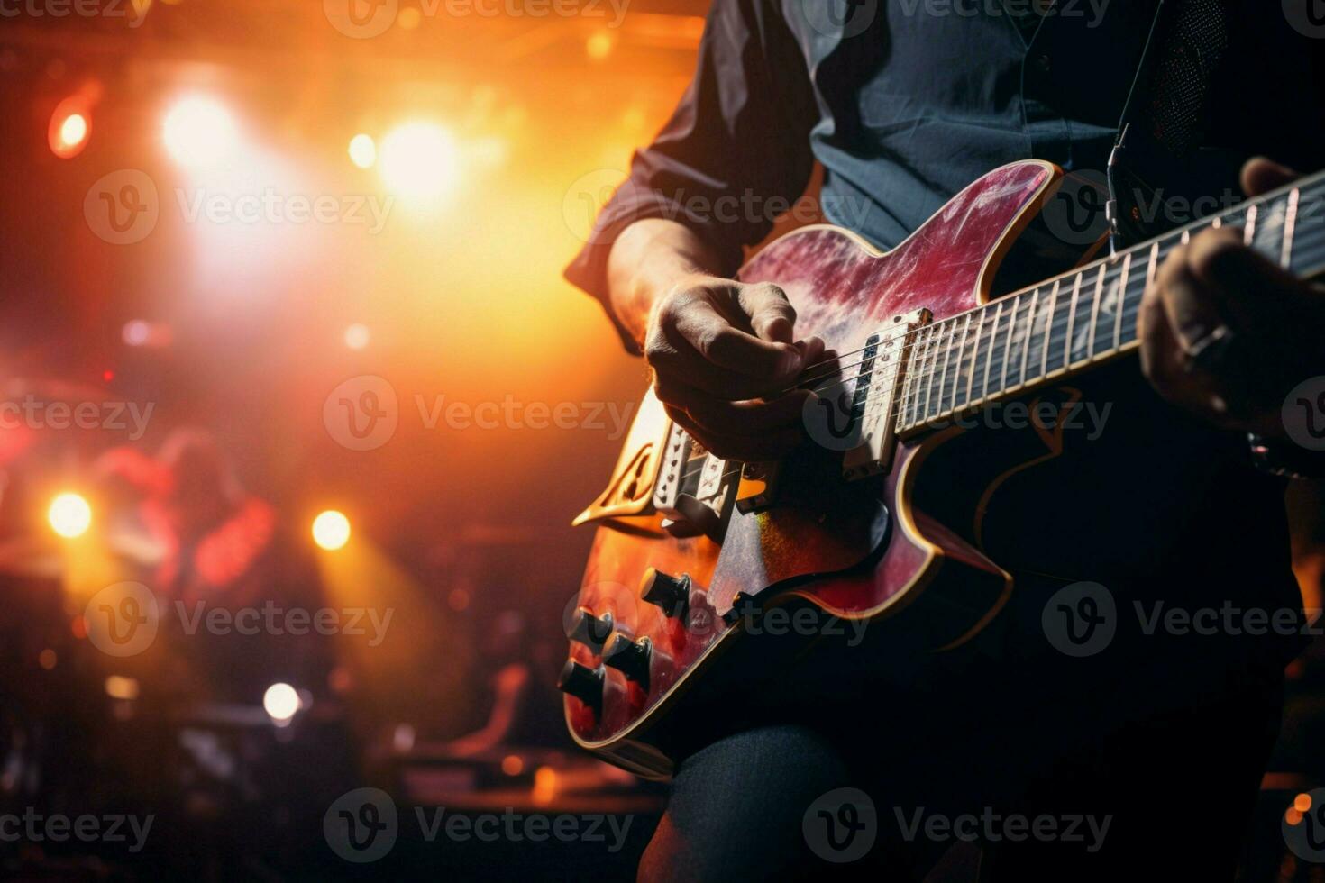 Soft blur surrounds the guitarist, emphasizing the musical concept on stage. AI Generated photo