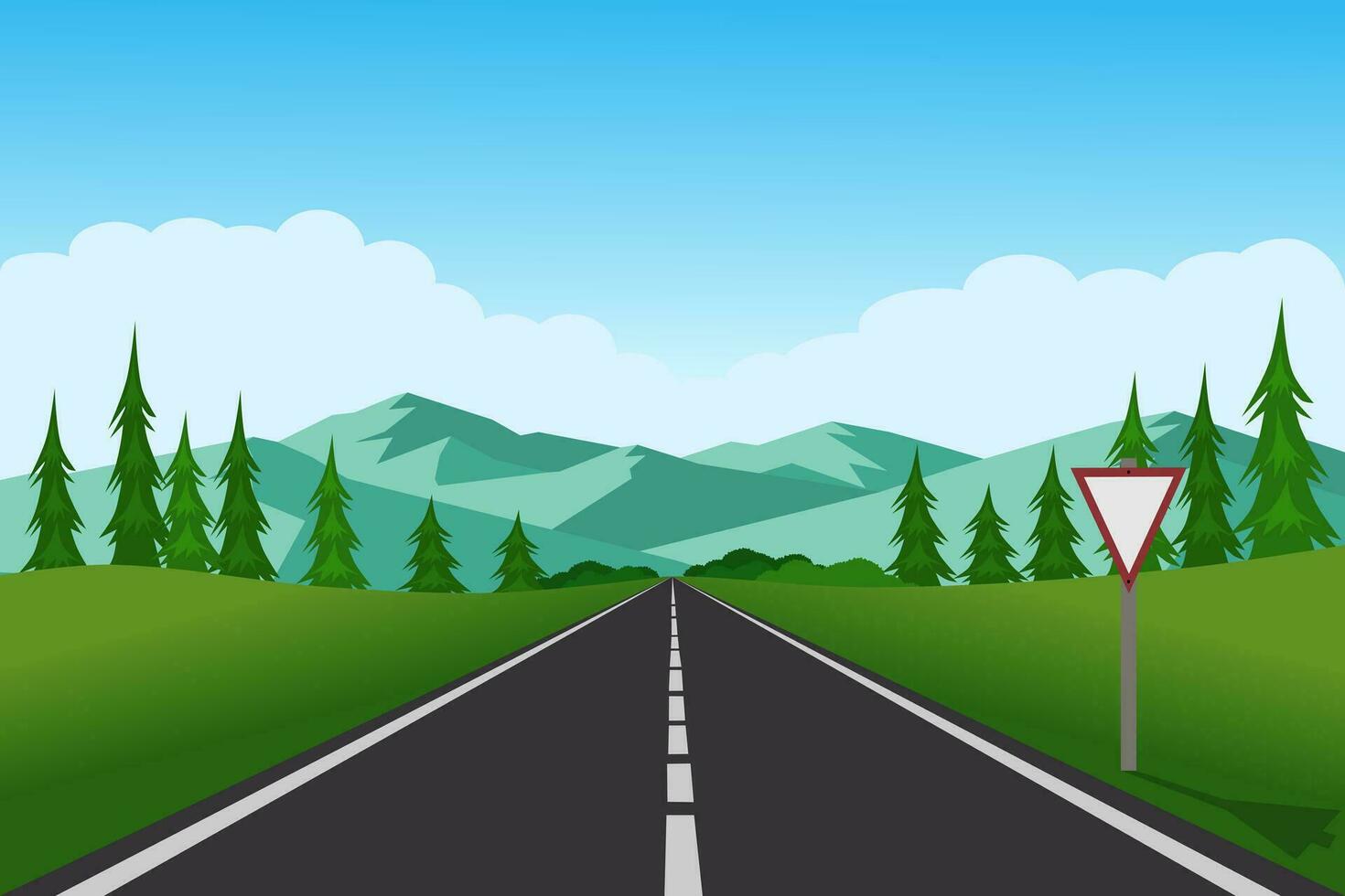 Straight empty road through the countryside. Green hills, blue sky, meadow and mountains. Summer landscape vector illustration.