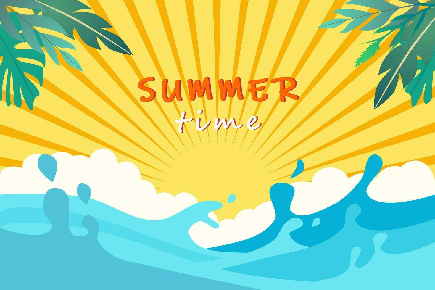 Summer time background with waves and leaves. Vector illustration.