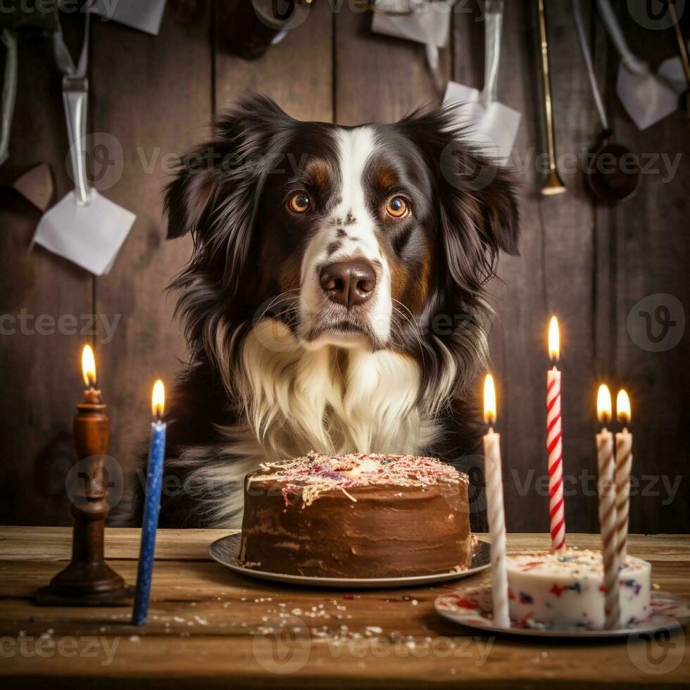 Dog celebrating birthday with cake and candles, created with generative AI photo