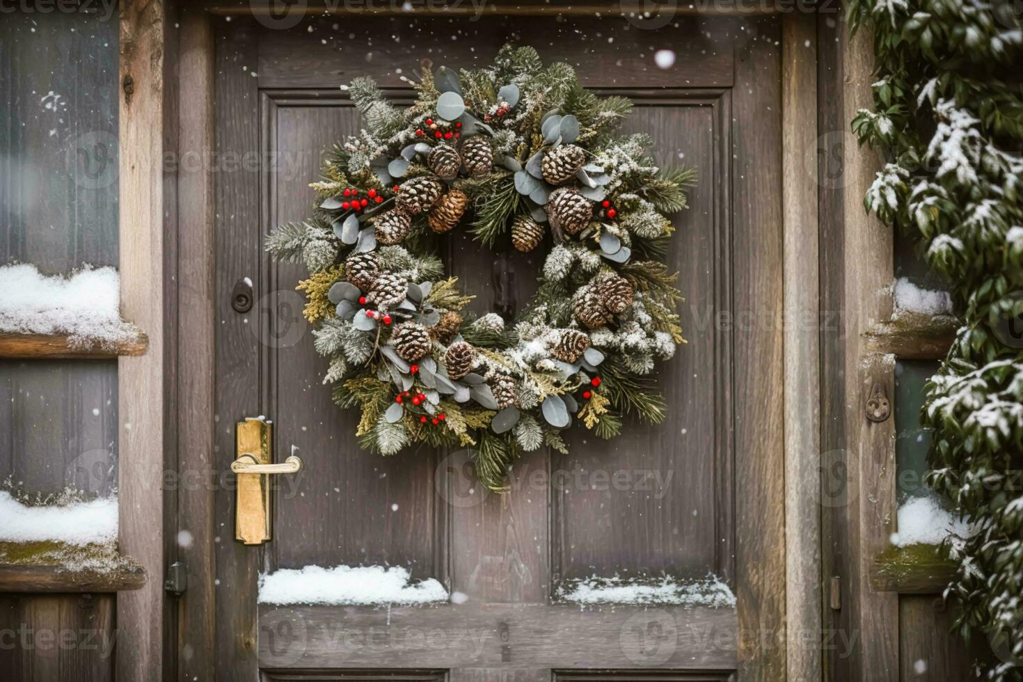 Christmas holiday, country cottage and snowing winter, wreath decoration on a door, Merry Christmas and Happy Holidays wishes, generative ai photo