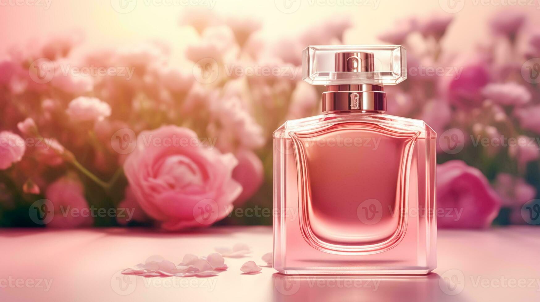 lujoso floral aroma, fragancia botella y rosado flores, perfume comercial en flor jardín, hecho a la medida perfumería y belleza producto venta, generativo ai foto