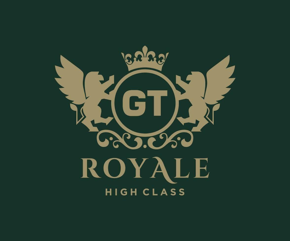 Golden Letter GT template logo Luxury gold letter with crown. Monogram alphabet . Beautiful royal initials letter. vector