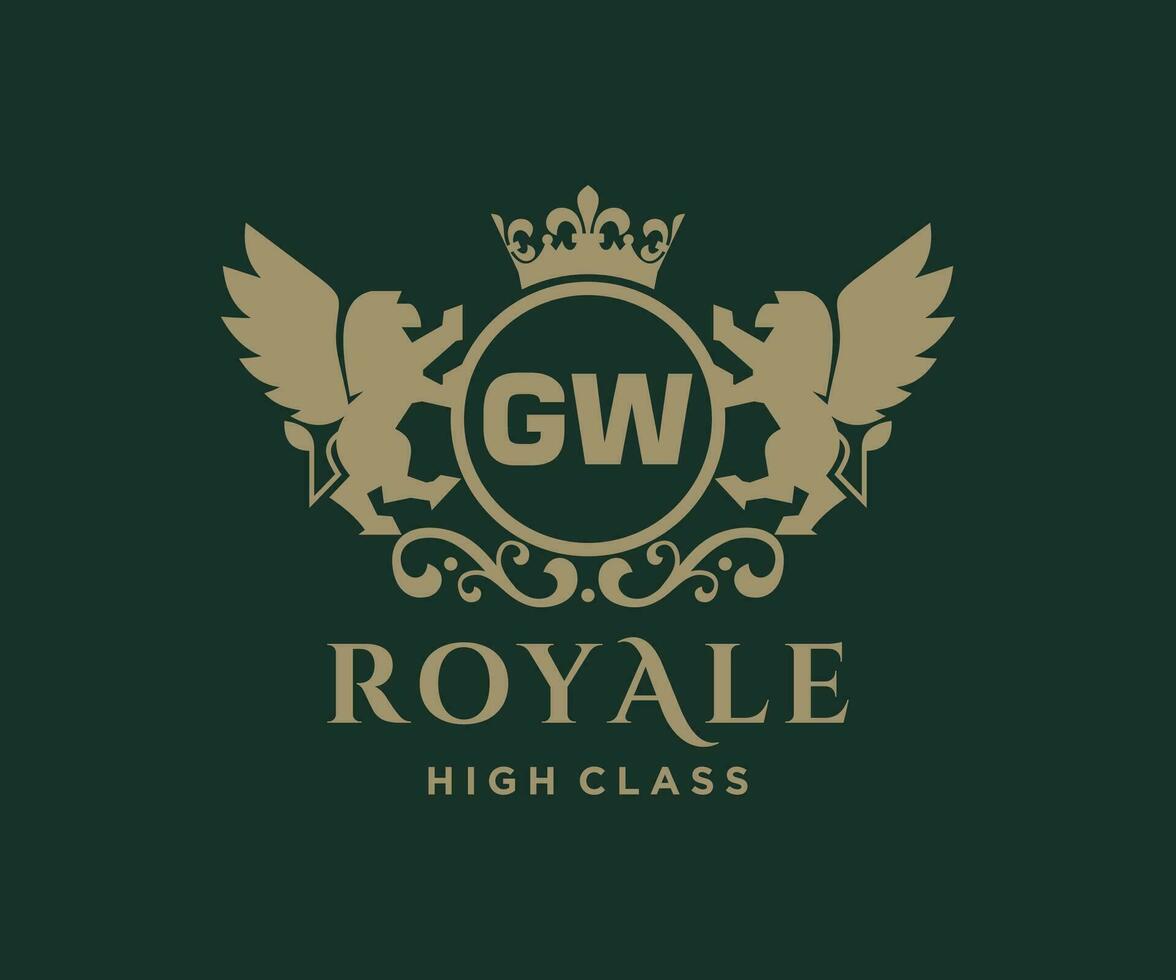 Golden Letter GW template logo Luxury gold letter with crown. Monogram alphabet . Beautiful royal initials letter. vector